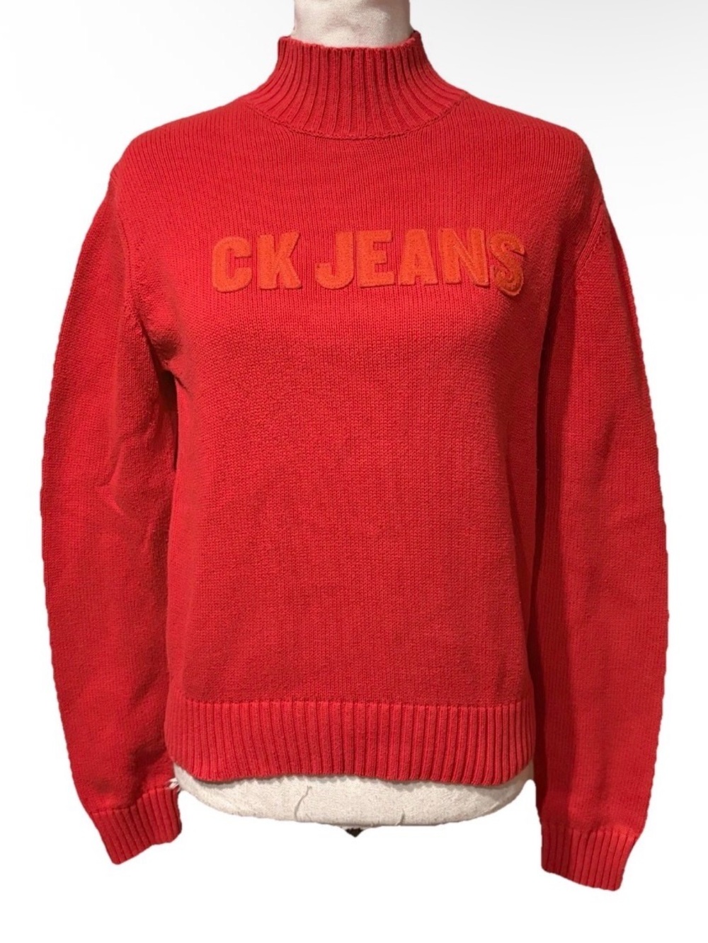 Vtg Y2K CK Jeans Logo Red Ribbed Mock Turtleneck  Sweater Size Medium